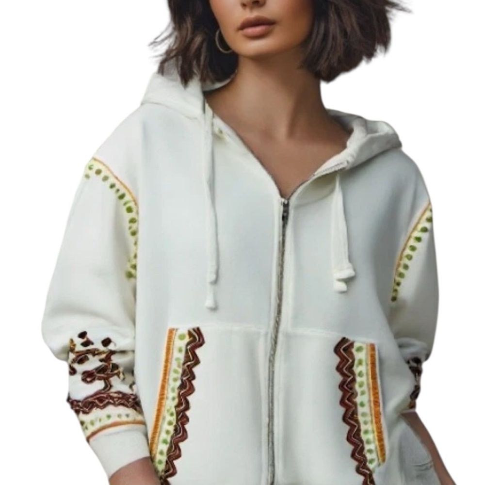 Driftwood Cotton Sweatshirt Zip Jacket Embroidered Teddy Hoodie Ivory size XL - Picture 2 of 14
